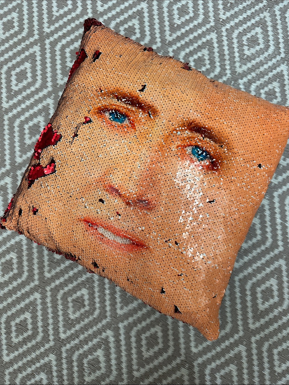 Nicolas Cage Staring Sequin Face Accent Pillow - Red Cream Black
